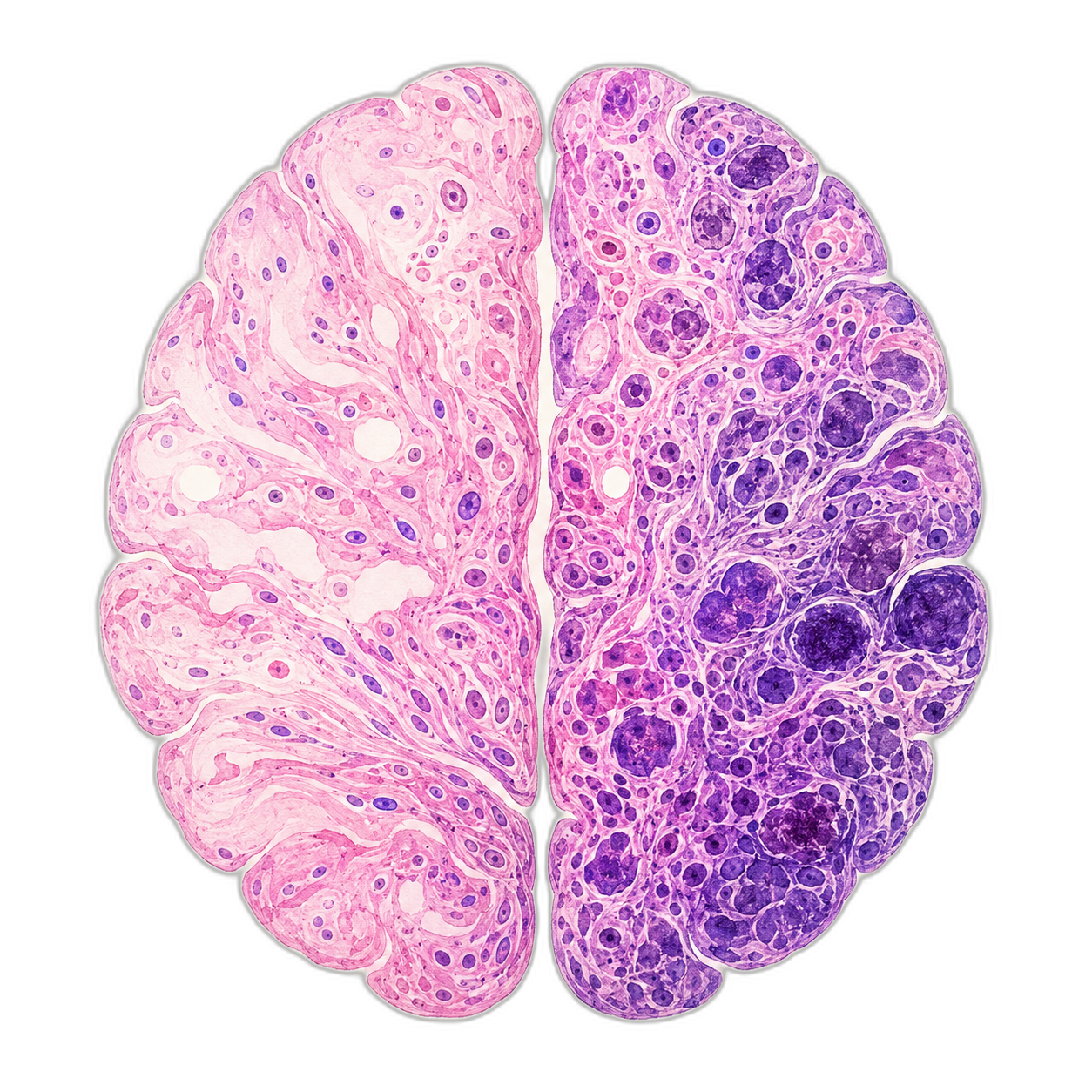 Illustrated cross-section of a human brain with histopathology-style cellular detail