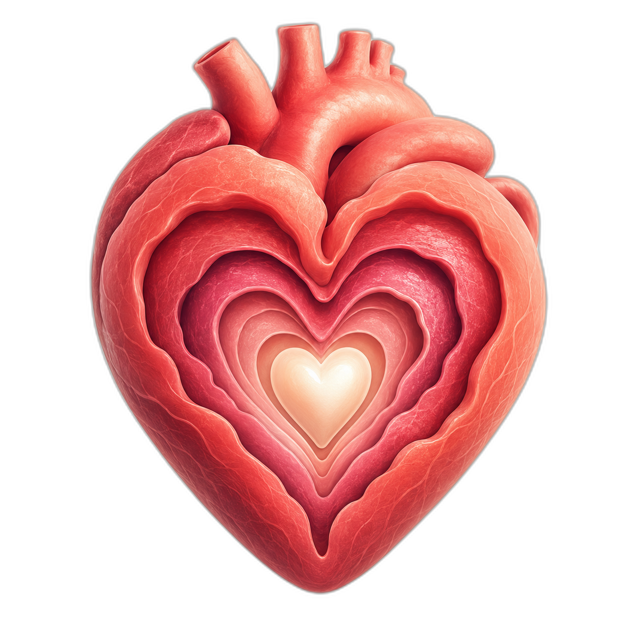 Cross-sectional illustration of a human heart showing layered cardiac structure