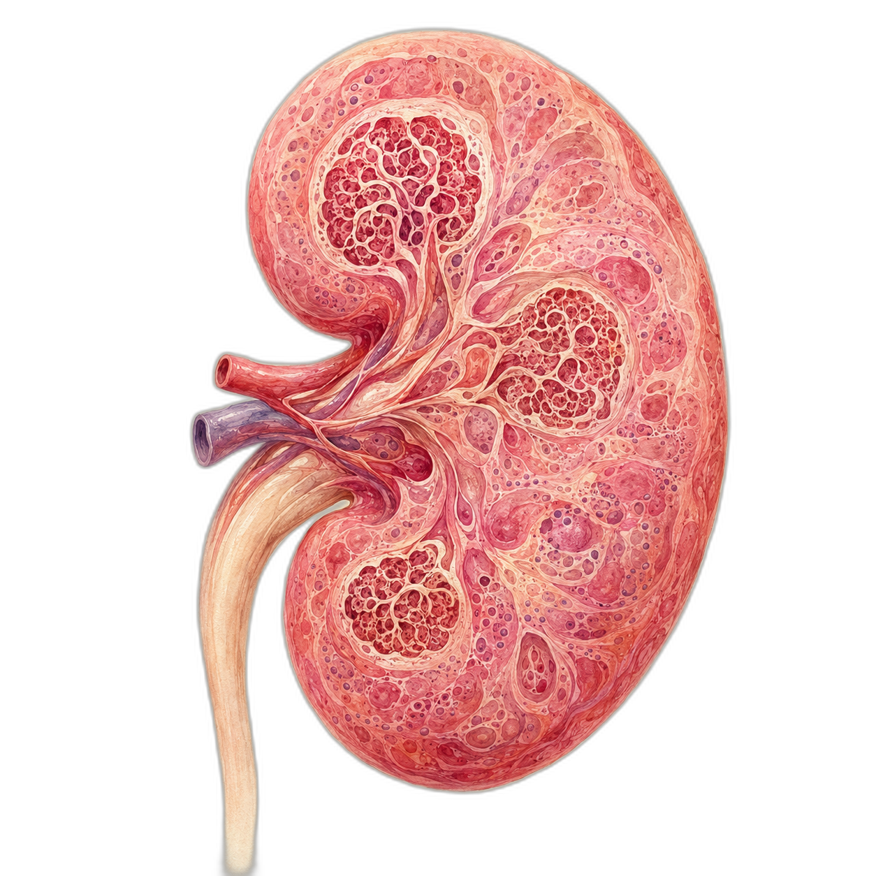 Detailed anatomical cross-section illustration of a kidney